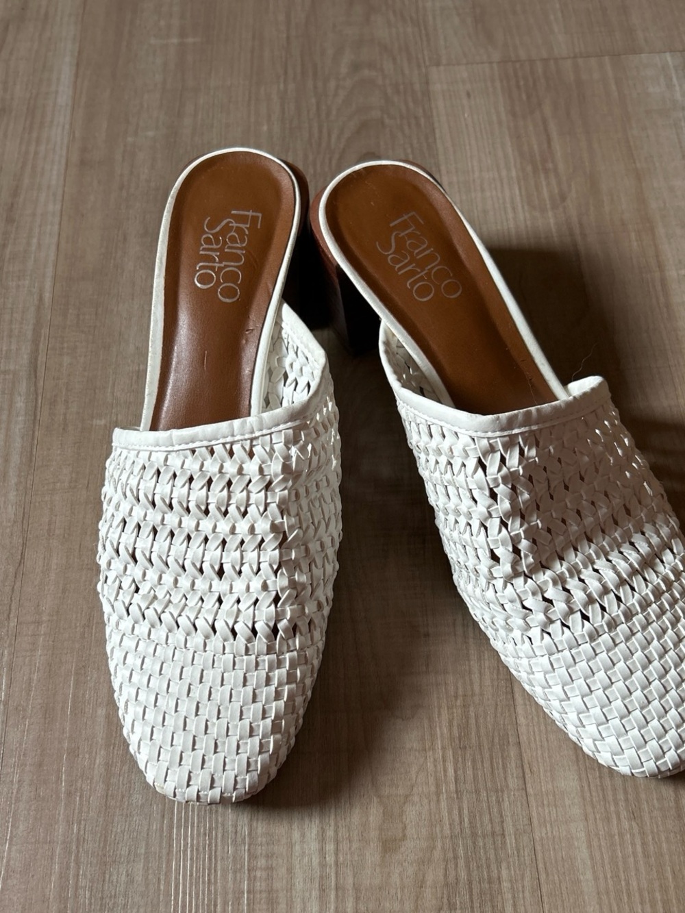 Franco Sarto Cream Woven Slip-On Mule Heels
